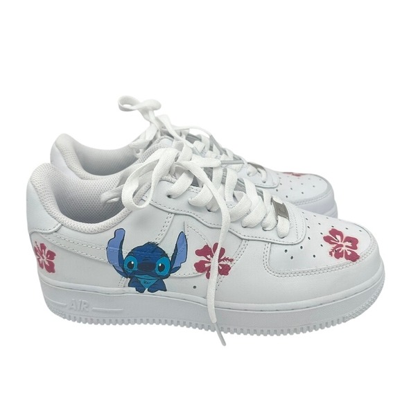 Custom Nike Air Force 1 White Stitch Hibiscus Sneakers Women's 8 - Picture 9 of 16